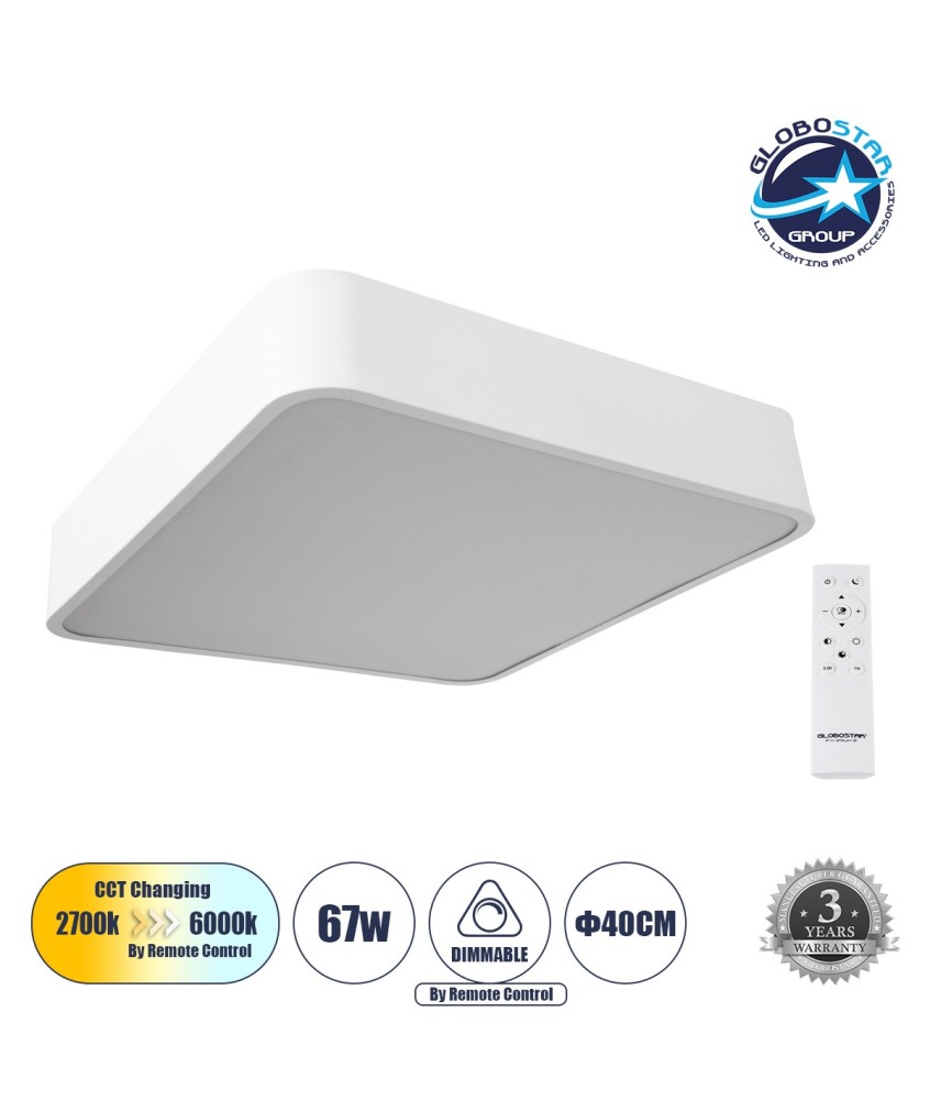 GLOBOSTAR® KAMALA 61207-S Μοντέρνο Φωτιστικό Οροφής LED 67W 7370lm 120° AC 220-240V IP20 Ρυθμιζόμενο Λευκό CCT με Χειριστήριο από 2700K έως 6000K Dimmable - Lumileds SMD Chip - Λευκό Ματ - Μ40 x Π40 x Υ8cm - 3 Χρόνια Εγγύηση
